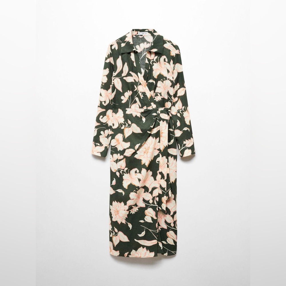 Carola Floral Print Linen Blend Midi Wrap Dress
